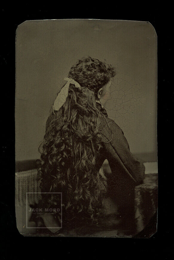 Rare Rear View, Unusual antique tintype photo long hair girl back turned from camera possible mourning