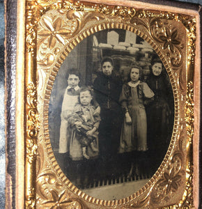 1860s Tintype Photo Factory Occupational Kids, One Girl Holding Large Doll