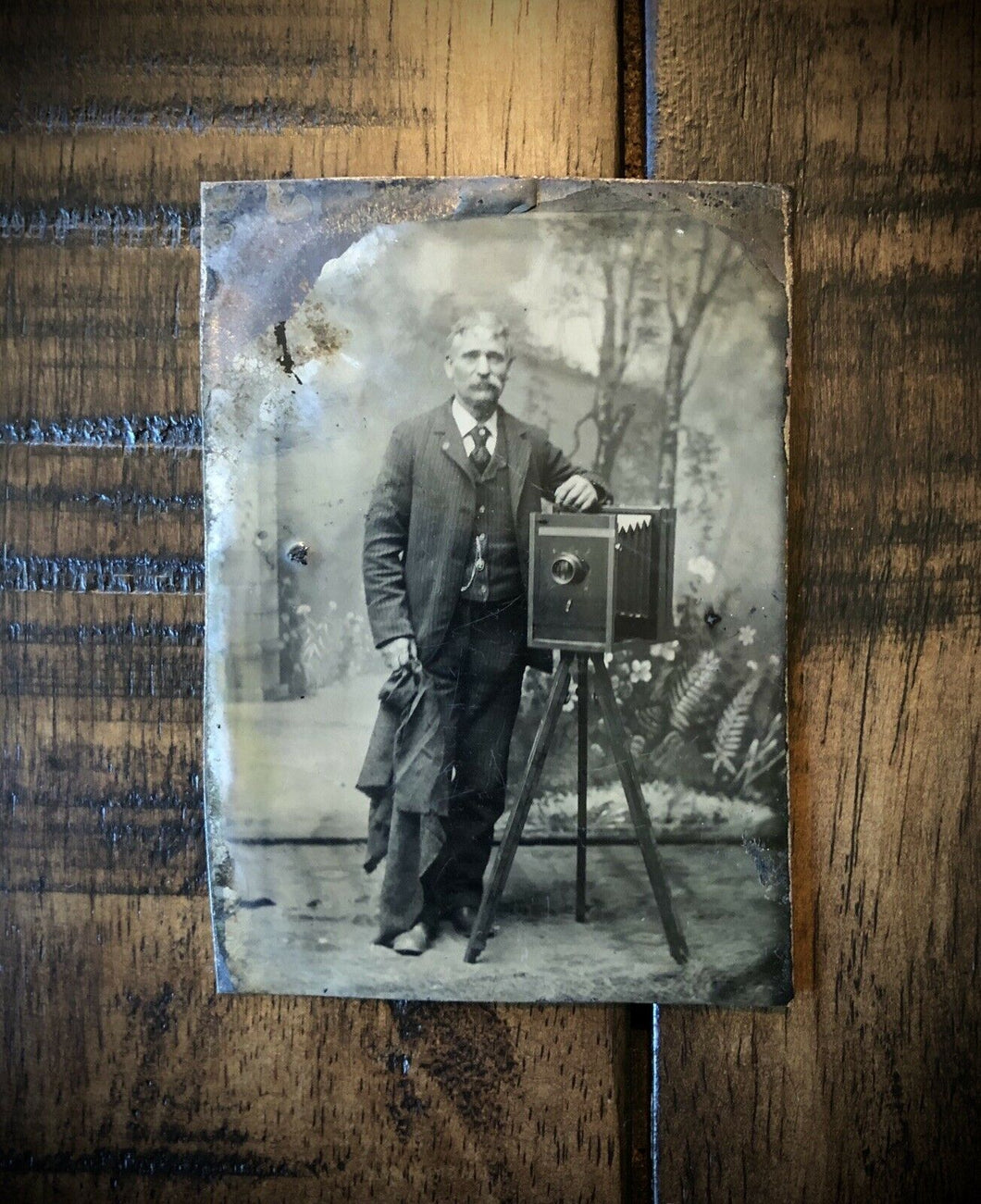 Rare Antique Tintype Photographer with Camera on Tripod 1800s
