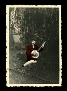 banjo playing girl red tinted top / vintage snapshot photo folk art music