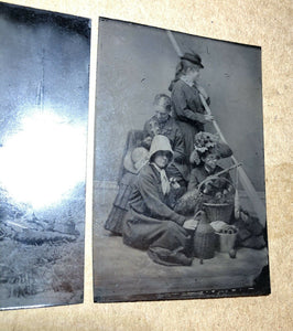 Great Set of Tintype Victorian Girls Having Picnic, Fishing, One Hidden Face