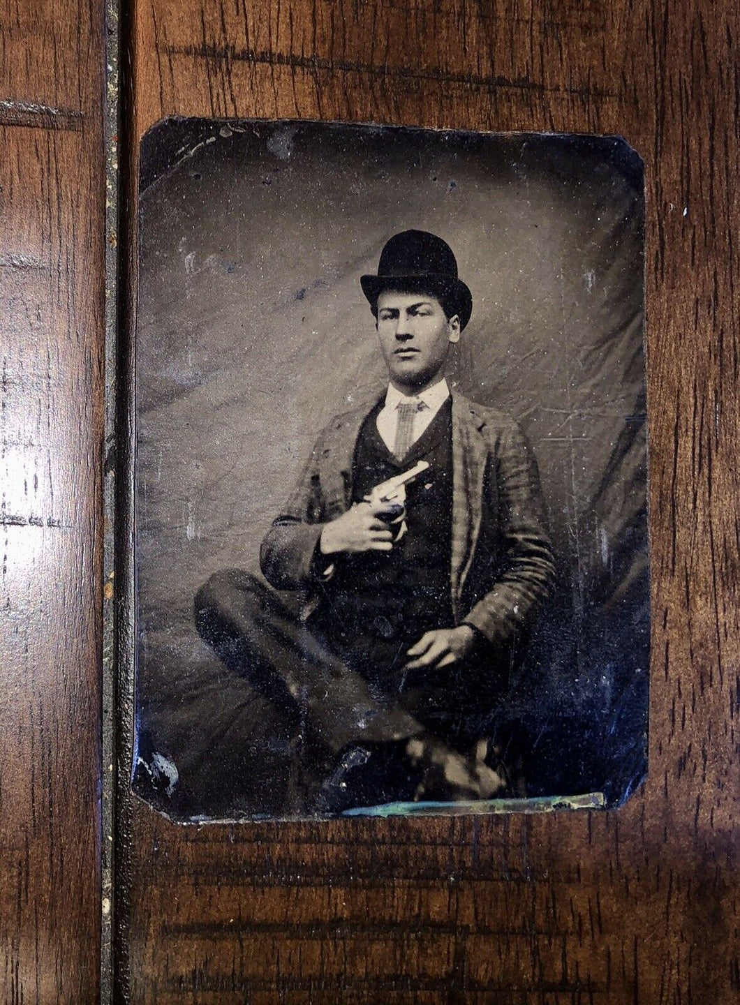 Antique 1/6 Tintype Photo Dime Store Hoodlum Showing Off Gun Hixson Tennessee
