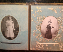 Load image into Gallery viewer, large antique album with 18 photos and IDs beautiful decorated pages
