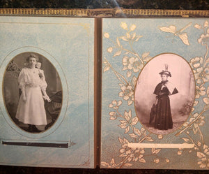 large antique album with 18 photos and IDs beautiful decorated pages