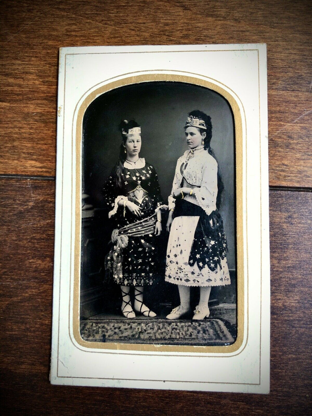 Excellent Antique Tintype Girls In Gypsy Witch Princess?? Costumes Stars Hearts