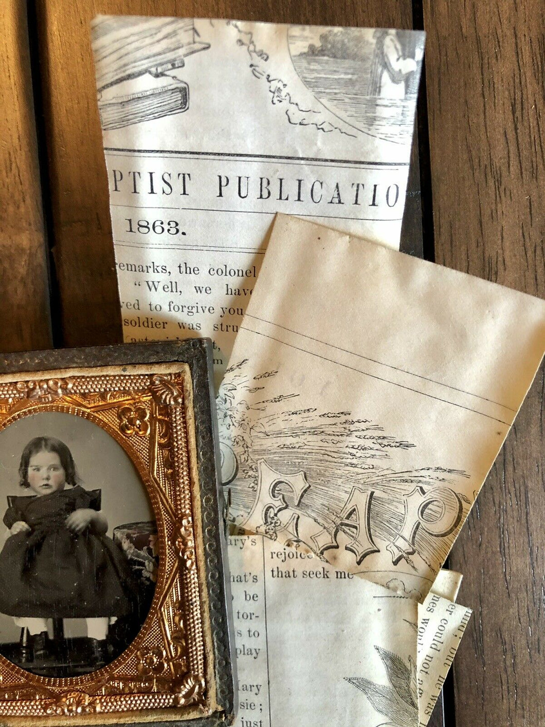 1860s Tintype Cute Little Girl Tinted Cheeks Dated Newspaper Pieces Inside Case