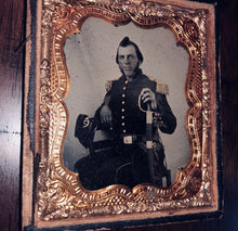 Load image into Gallery viewer, 1/6 Ambrotype - Armed Civil War Soldier / Officer Holding Painted Gold Sword
