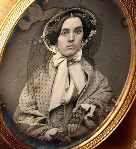 1850s Daguerreotype Pretty Woman Gold Jewelry Bonnet Lace Veil! Sealed