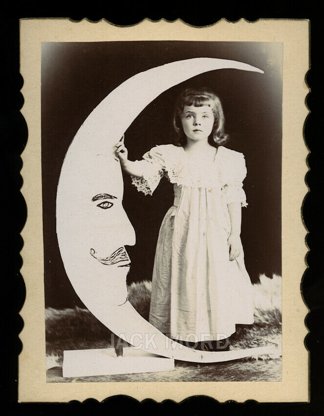 Very Nice Antique Photo Little Girl & Man in the Moon Prop / Paper Moon