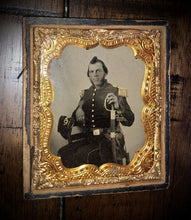 Load image into Gallery viewer, 1/6 Ambrotype - Armed Civil War Soldier / Officer Holding Painted Gold Sword
