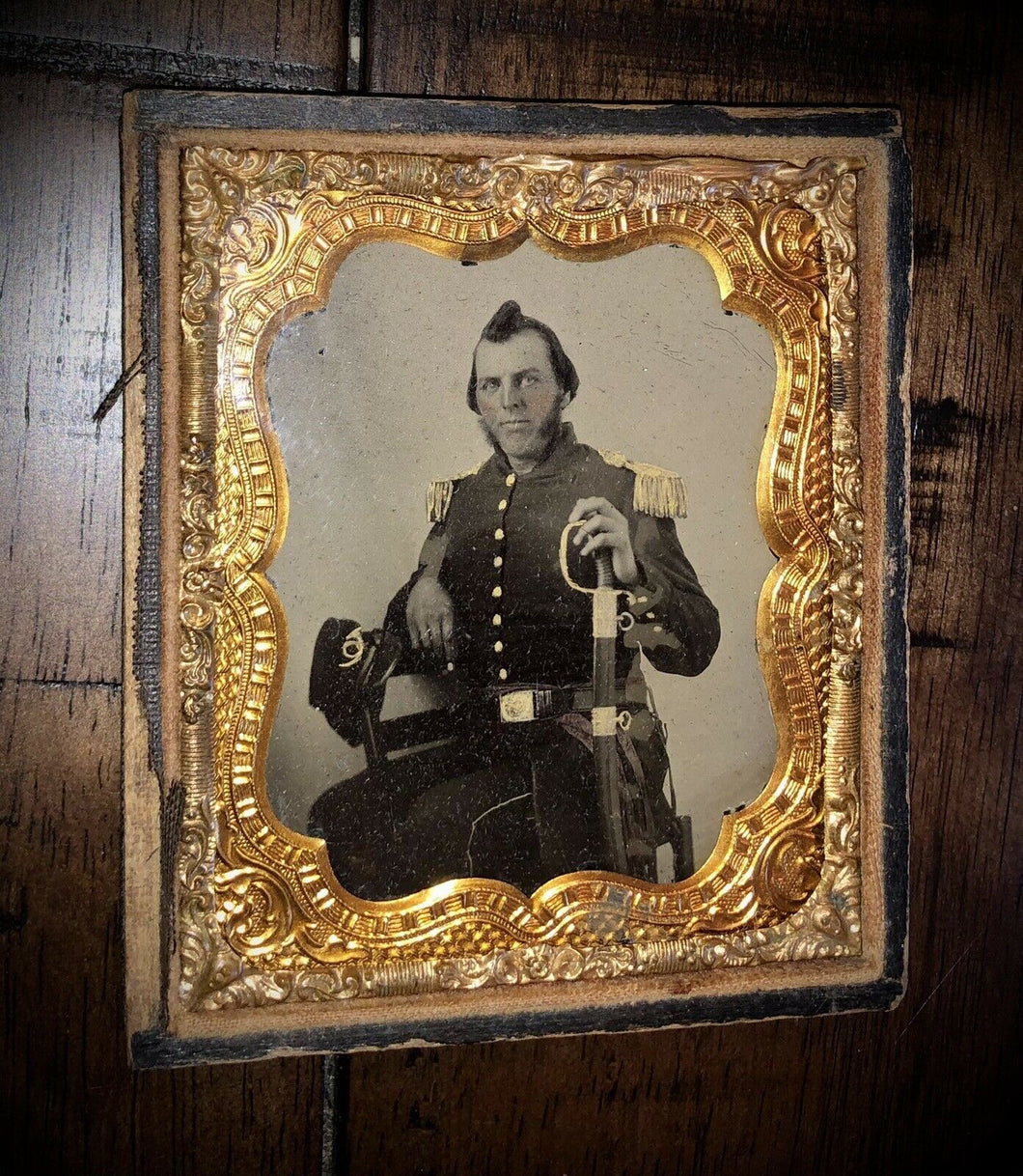 1/6 Ambrotype - Armed Civil War Soldier / Officer Holding Painted Gold Sword