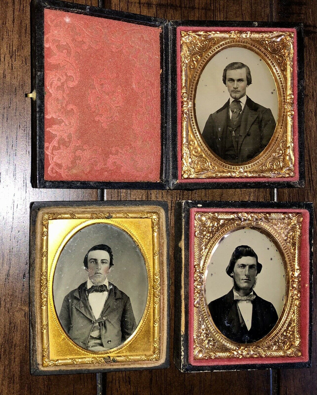 Three 1850s / 1860s Ambrotypes Of Men - One With Photographer Advertising Card