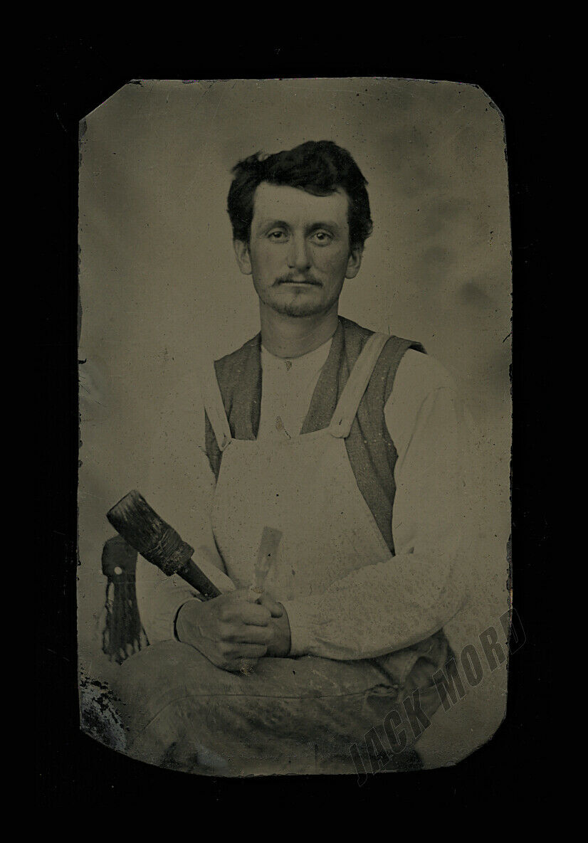 Old 1800s Occupational Tintype Photo Painter In Work Clothes Holding Brushes