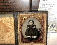 Load image into Gallery viewer, 1860s Tintype Cute Little Girl Tinted Cheeks Dated Newspaper Pieces Inside Case
