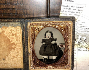1860s Tintype Cute Little Girl Tinted Cheeks Dated Newspaper Pieces Inside Case
