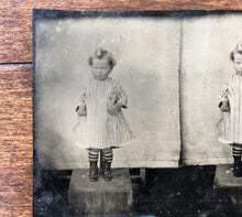 Load image into Gallery viewer, Unusual Uncut Unique 1860s 1870s Grumpy Little Boy in Dress Antique Tintype Photo
