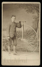 Load image into Gallery viewer, antique cdv man w star badge on hat posing w high wheel penny farthing bicycle
