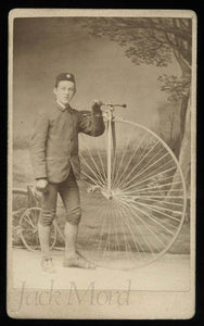 antique cdv man w star badge on hat posing w high wheel penny farthing bicycle