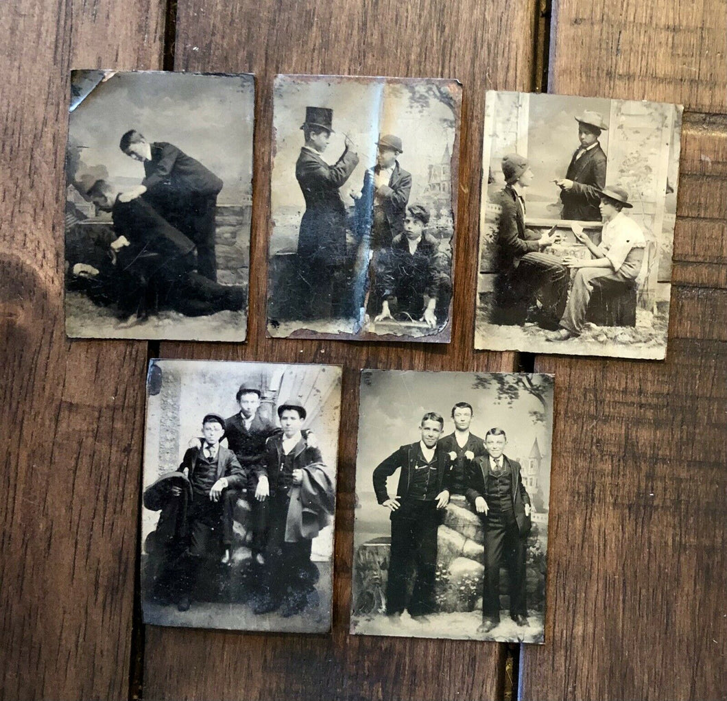 Great Collection Tintype Photos Teen Boys Playing Poker & Having Fun, with Gun
