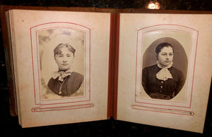 antique leather 1860s 1870s album with old 1800s photos tax stamps