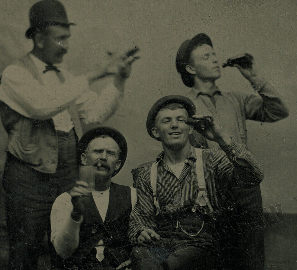 Antique Tintype Photo Beer Drinking Group of Men Painted Beach Sailboat Backdrop