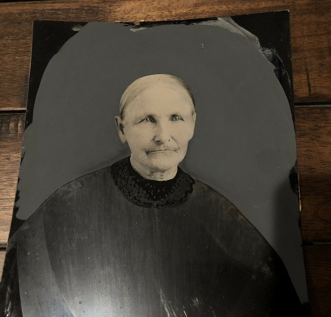 full plate hand painted tintype old widow black mourning dress folk art photo