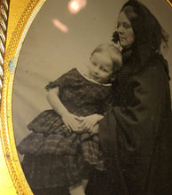 Load image into Gallery viewer, Intriguing 1/4 Ambrotype Widow in Mourning Dress Holding Child NY Photographer
