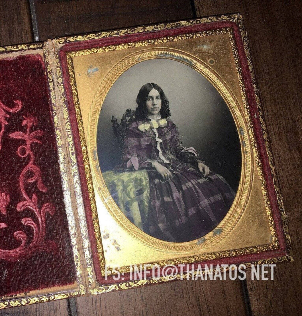 Beautiful Hand Tinted 1/4 Ambrotype - Pretty Girl in Purple Dress - 1850s Color