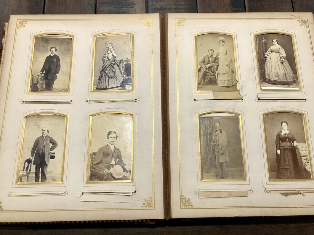 Leather Photograph Album + Victorian Era CDV & Cabinet Photos Antique 1800s
