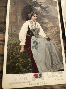 Lot of 3 Beautiful Antique Tinted CDV Photo Swiss Clothing / Costume Dress 1800s