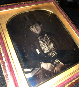 late 1840s daguerreotype handsome top hat man w/ books - author / writer type!