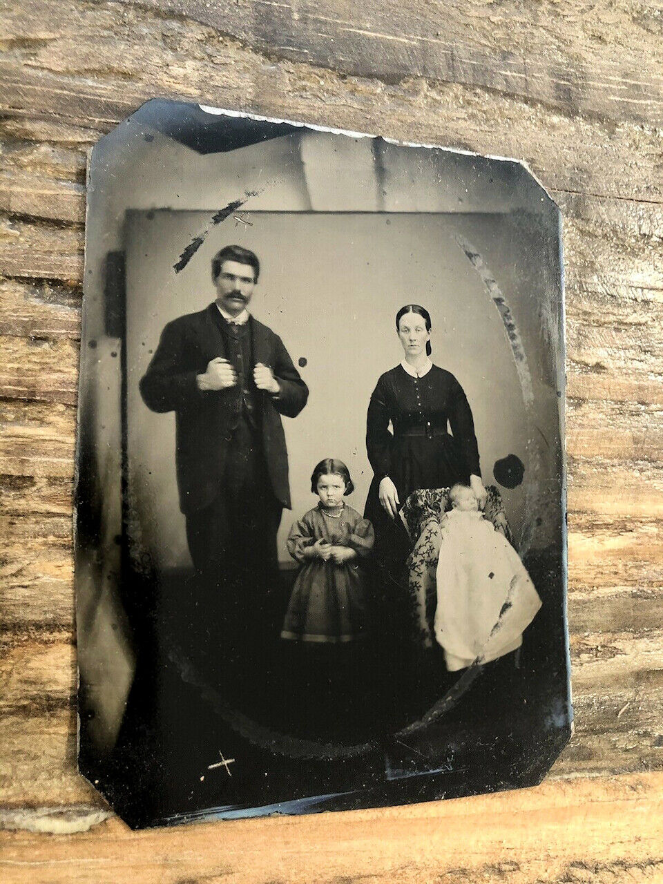 Cute Family Photo Visible Backdrop & Studio Surroundings 1860s 1/4 Tintype