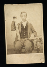 Load image into Gallery viewer, Dated CDV ID&#39;d Young Man Holding Art Preservative Advertising 1860s Wisconsin
