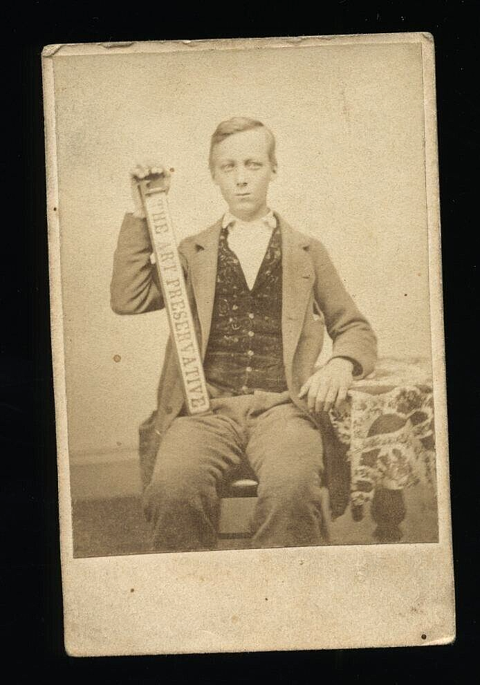 Dated CDV ID'd Young Man Holding Art Preservative Advertising 1860s Wisconsin