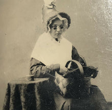 Load image into Gallery viewer, Tintype Photo Girl In Granny Costume Holding Basket Halloween Unusual Antique
