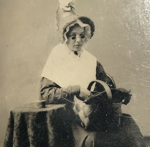 Tintype Photo Girl In Granny Costume Holding Basket Halloween Unusual Antique