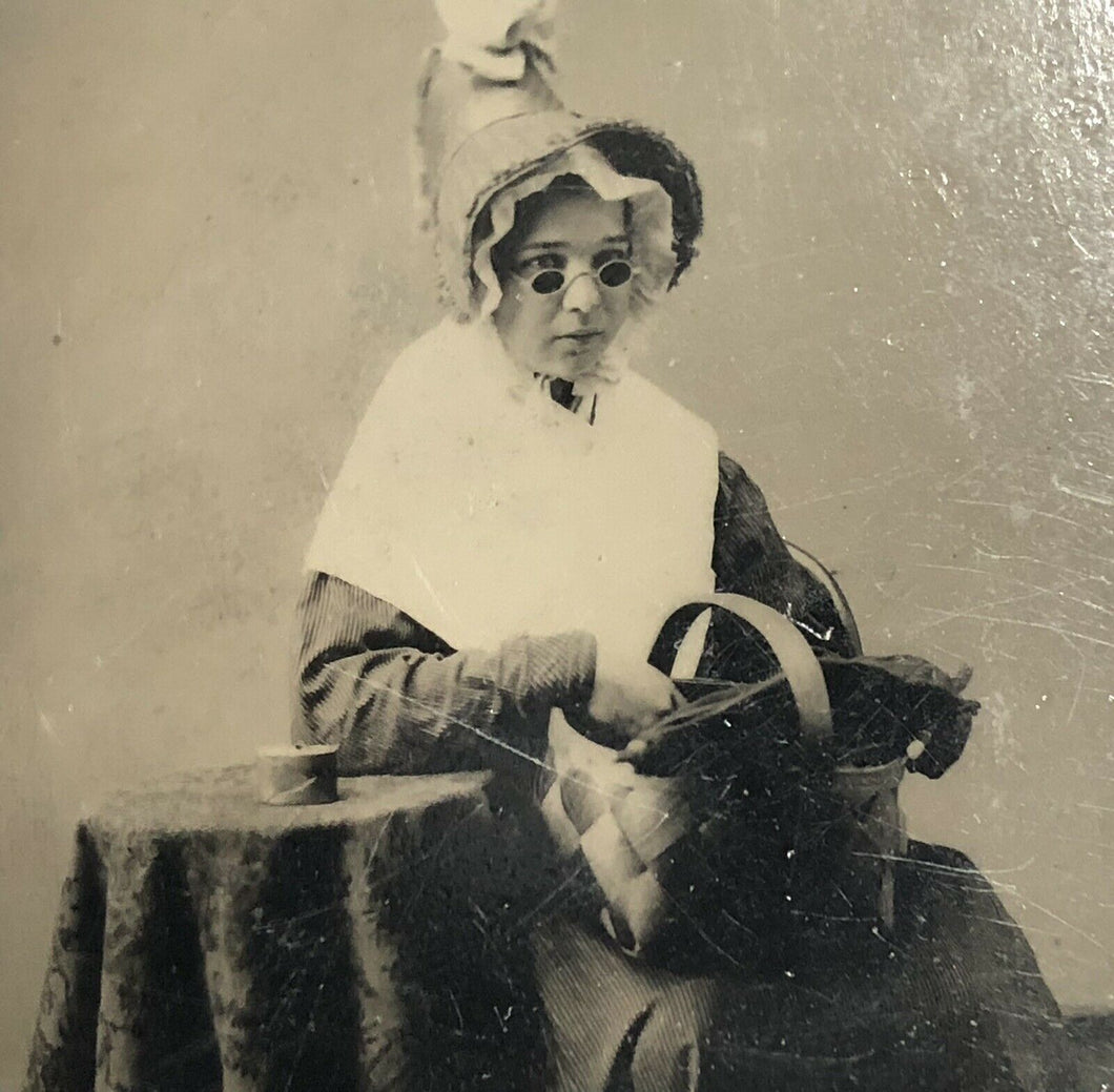 Tintype Photo Girl In Granny Costume Holding Basket Unusual Antique Blind?