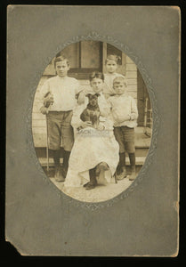 antique family portrait with cute little dog & boy holding fiddle 1900s photo
