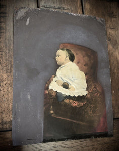 Very Rare Full Plate Painted Tintype Post Mortem Child w Ball Folk Art Painting