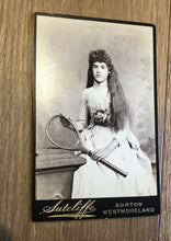 Load image into Gallery viewer, beautiful long hair victorian girl holding tennis racket / antique photo 1880s
