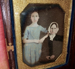 1/4 Daguerreotype Tinted Blue Dress Girl & Mother 1840s