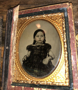 1/9 Ruby Ambrotype Pretty Little Girl Distressed MOP Case, 1850s