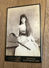 Load image into Gallery viewer, beautiful long hair victorian girl holding tennis racket / antique photo 1880s
