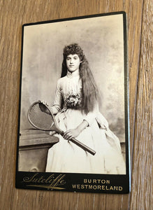 beautiful long hair victorian girl holding tennis racket / antique photo 1880s