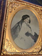 Load image into Gallery viewer, Beautiful Woman Long Lace Veil Painted Gold Jewelry Circa 1860 Ambrotype Photo
