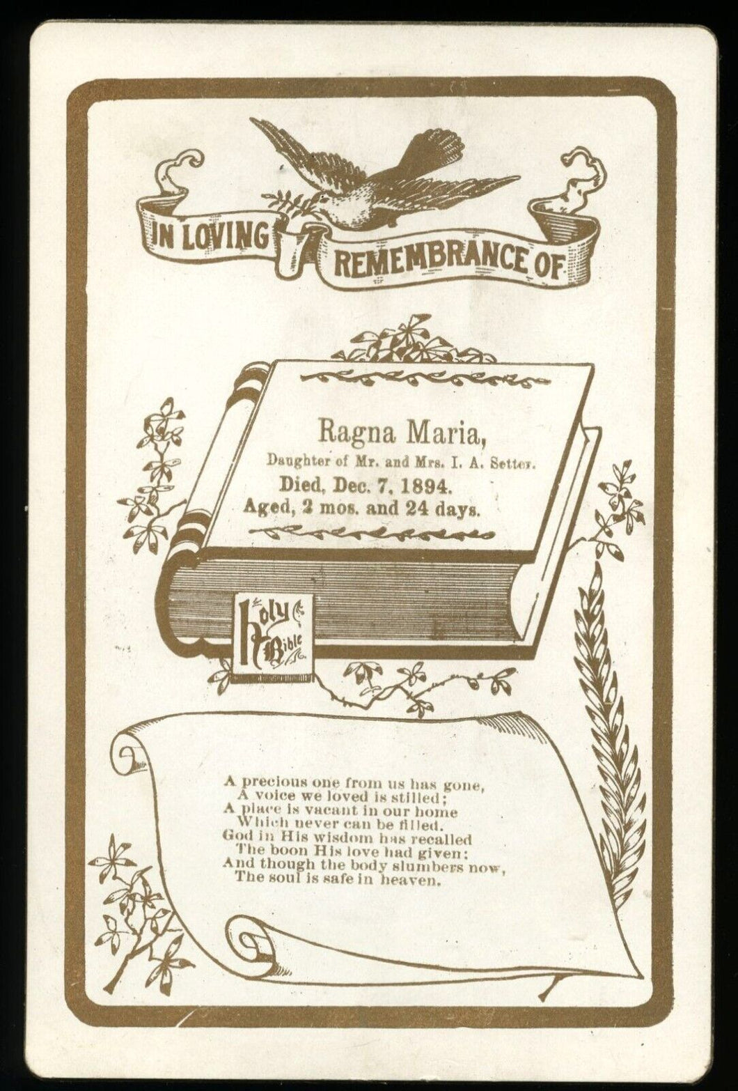 White Memorial Mourning Card 2 Month Old Baby Died of Bronchitis Memento Mori