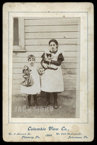 Antique Johnstown Pennsylvania Cabinet Card Photo Boy & Girl Holding CAT & DOLL