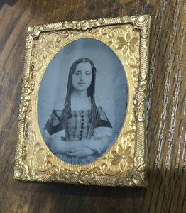 Pretty Teen Girl Long Ringlet Hair Curls Crossed Arms 1860s Tintype Photo
