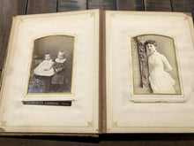 Load image into Gallery viewer, Leather Photograph Album + Victorian Era CDV &amp; Cabinet Photos Antique 1800s
