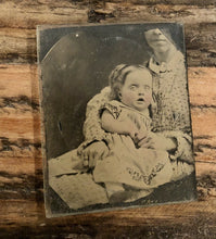 Load image into Gallery viewer, 1/9 Ambrotype Hidden Mother &amp; Hydrocephalic? Child &quot;Mother &amp; Aunt Ella&quot; 1860s
